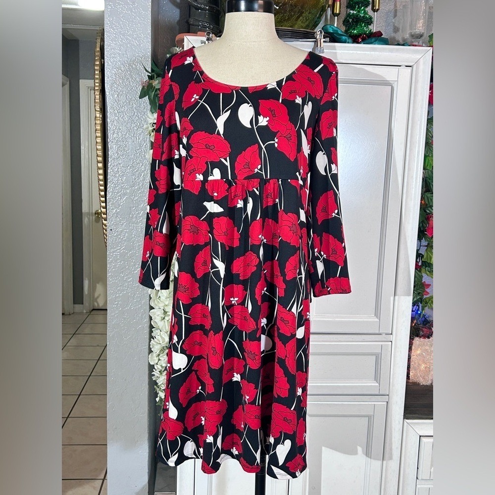 Ann Taylor Loft Black Red Floral Dress Medium Stretchy Elegant - Picture 2 of 8